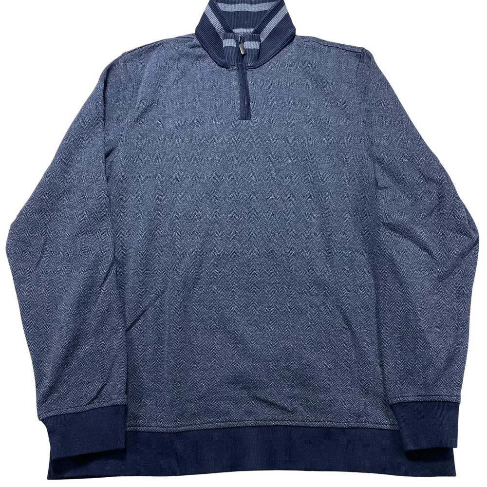 Hammer Made Sweater Mens Large Blue Herringbone 1/4 Zip Mock Neck Knit Pullover